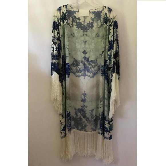 Athena Procopiou Cracked Ice Blue Floral Fringed Kimono